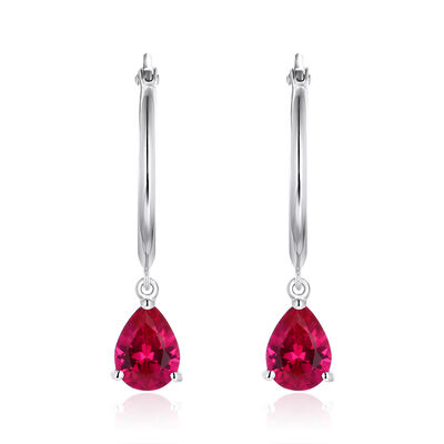 Pear Shaped Created Ruby Hoop Earrings in Sterling Silver