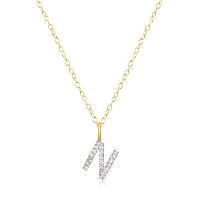 Lab Grown Diamond Letter N Initial Pendant Necklace in 14k Yellow Gold Plated Sterling Silver
