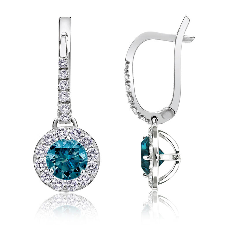 Drop 1ct. Blue Diamond Halo Earrings in 14k White Gold image number null