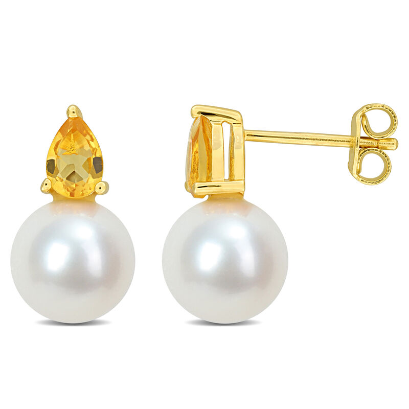 Citrine & Freshwater Cultured Pearl Stud Earrings in Gold Plated image number null