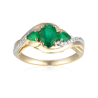 Oval Three-Stone Plus Emerald & Diamond Ring in 10k Yellow Gold