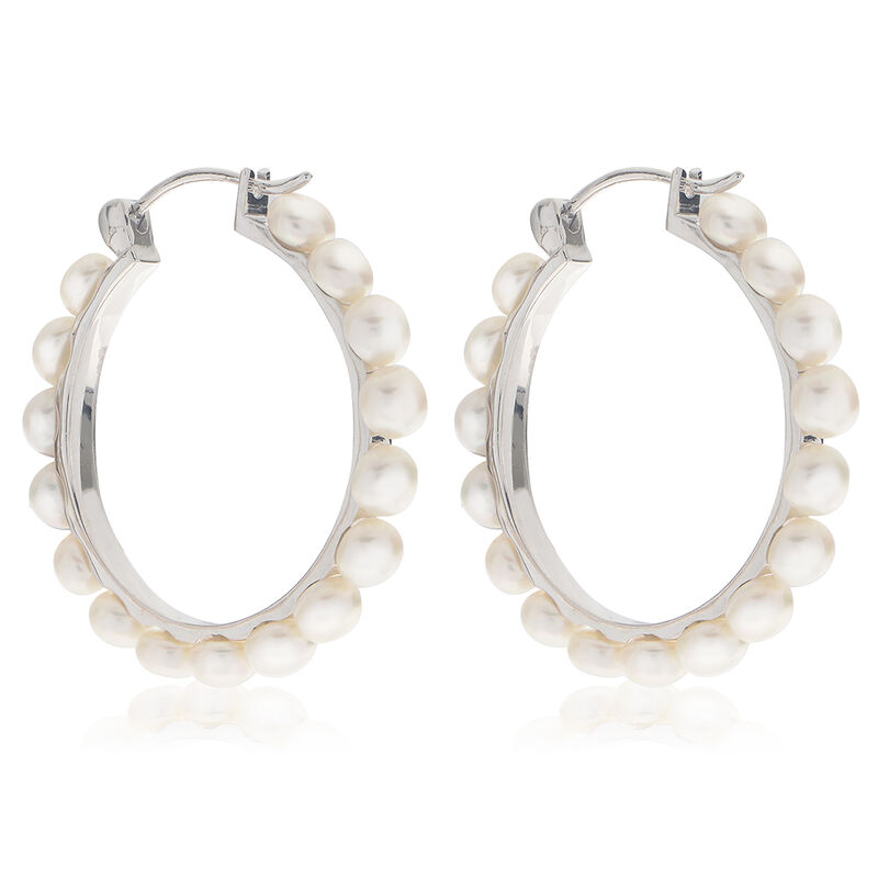 Freshwater Button Pearl Hoop Earrings in Sterling Silver image number null
