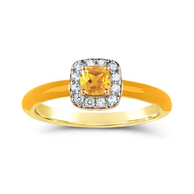 Cushion-Cut Citrine Halo Enamel Ring in Yellow Gold Plated Sterling Silver