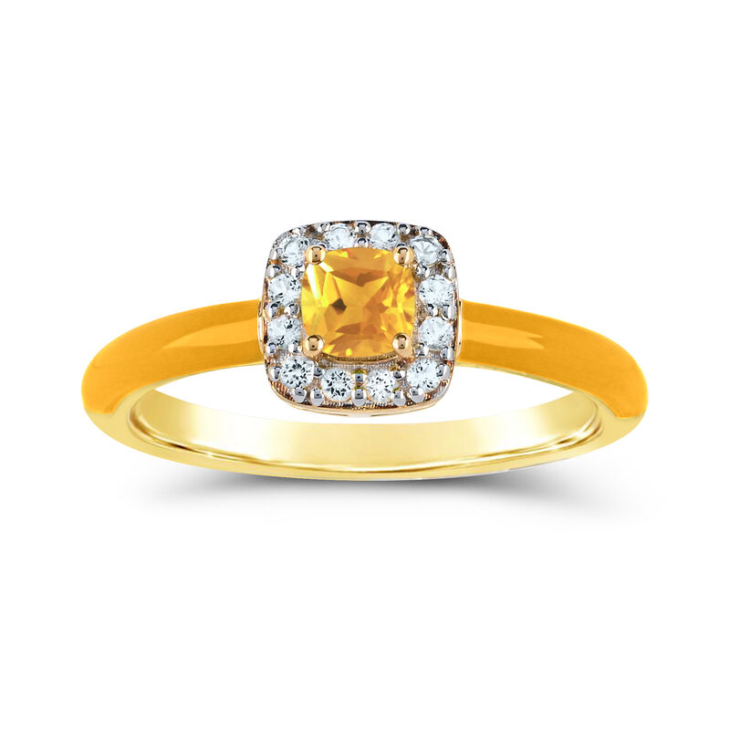 Cushion-Cut Citrine Halo Enamel Ring in Yellow Gold Plated Sterling Silver image number null