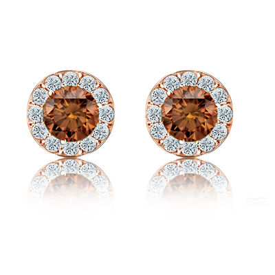 Champagne & White 1/2ct. Diamond Halo Stud Earrings in 14k Rose Gold