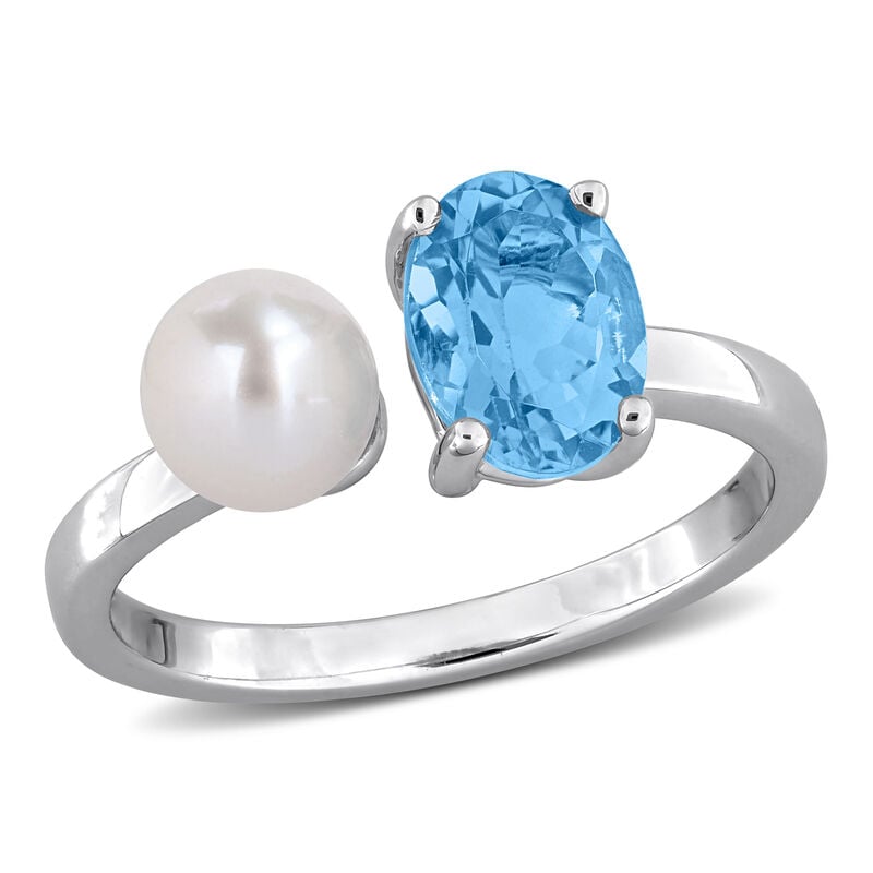 Blue Topaz & Freshwater Cultured Pearl Ring in Sterling Silver image number null