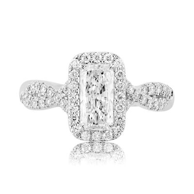 Elongated Radiant Lab Grown Diamond 1 2/5ctw. Halo Twist Engagement Ring in 14k White Gold