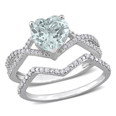 Heart-Shaped Aquamarine & Diamond Bridal Set in 14k White Gold