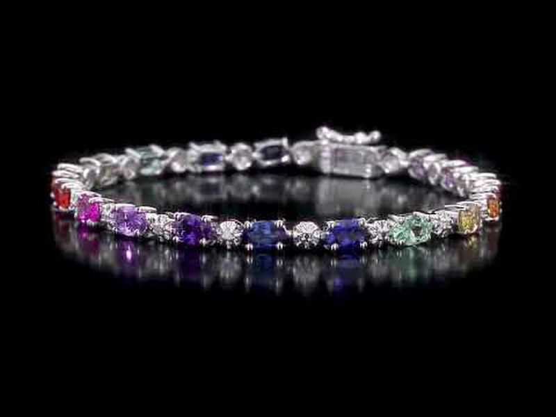 Rainbow Created Sapphire & Diamond Oval Bracelet in Sterling Silver  image number null