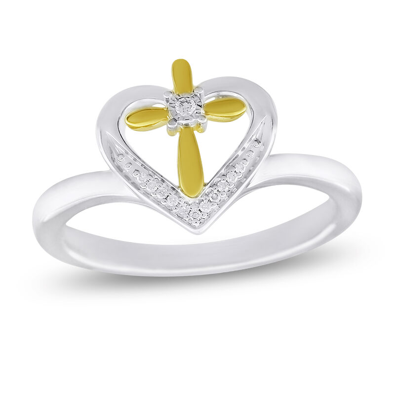 Brilliant-Cut Diamond Heart Cross Ring in Sterling Silver & 10k Yellow Gold image number null