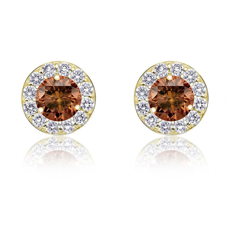 Champagne & White Diamond 1 1/2ct. Halo Stud Earrings in 14k Yellow Gold image number null