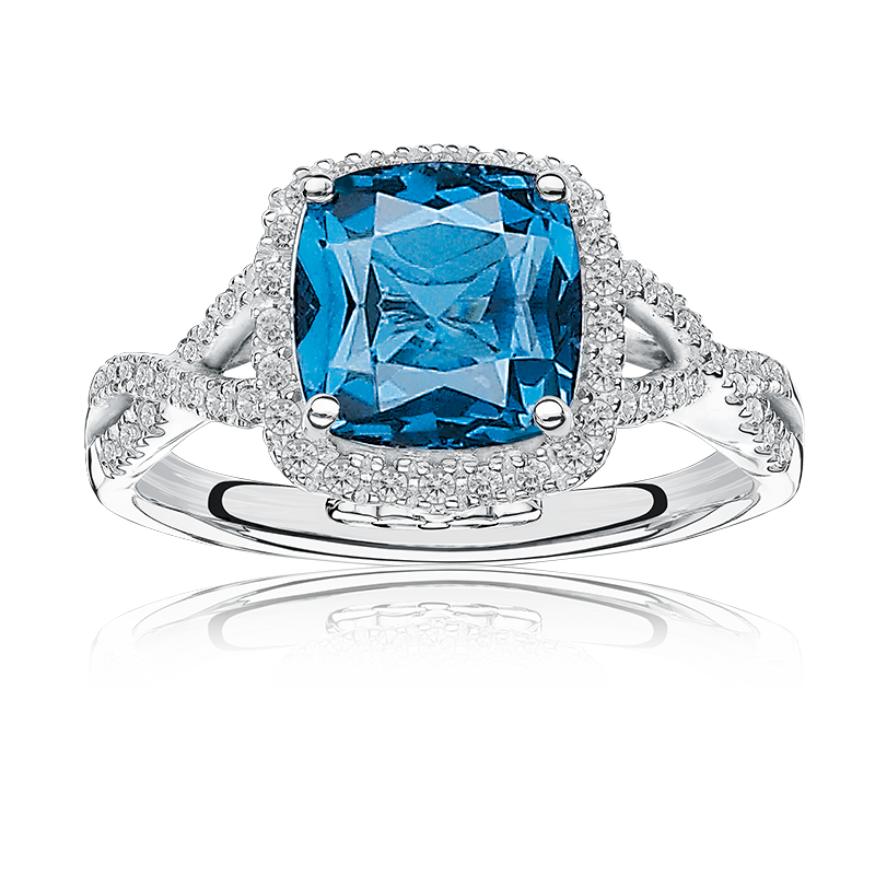 JK Crown: Blue Topaz & Diamond Halo Ring in 10k White Gold image number null