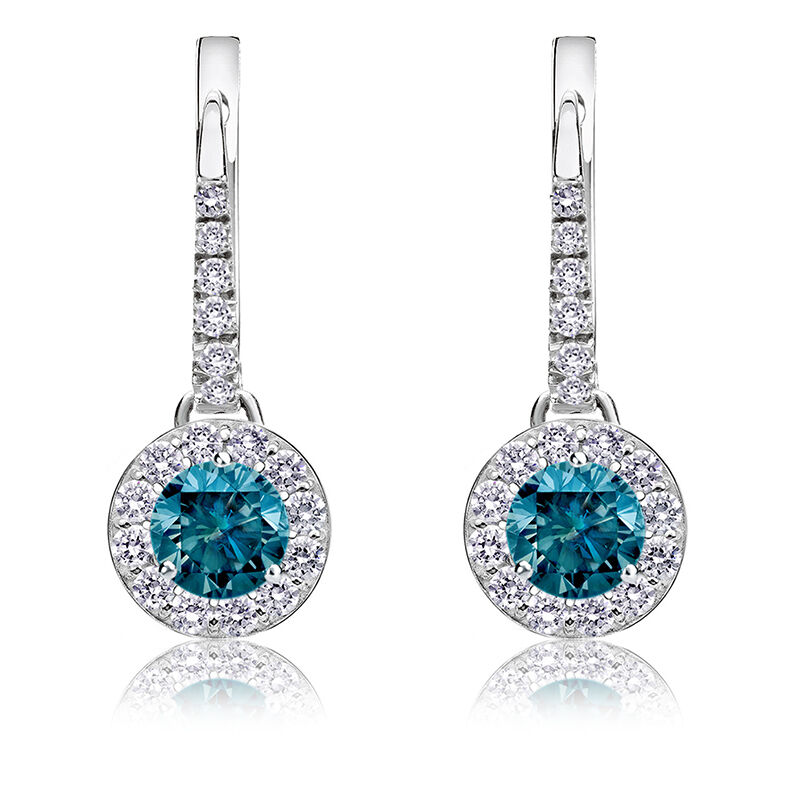 Drop 3/4ct. Blue Diamond Halo Earrings in 14k White Gold image number null