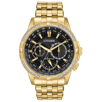 Citizen Eco-Drive® Calendrier Diamond Accent Gold-Tone Watch with Black Dial BU2082-56E