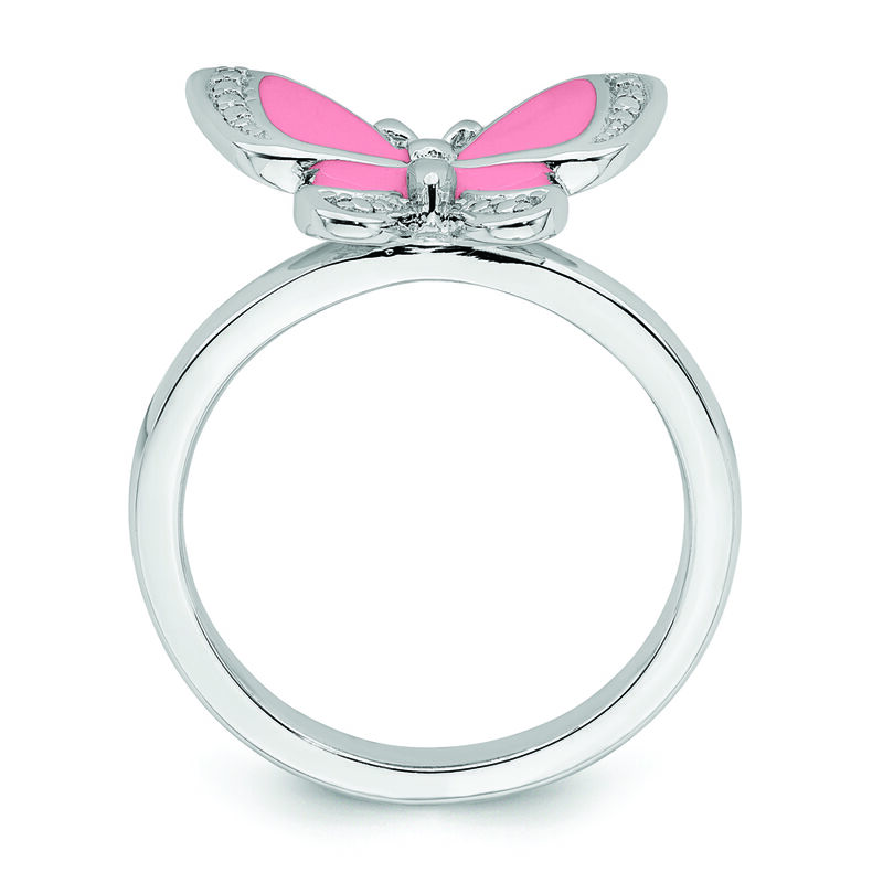 Stackable Pink Enamel Butterfly Ring in Sterling Silver image number null