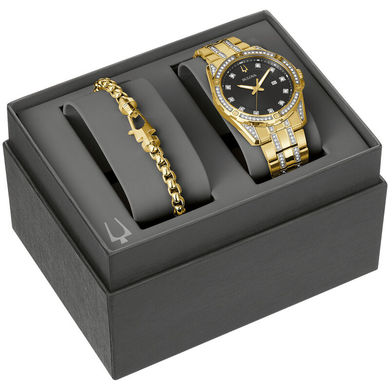 Bulova Men's Gold Plated Black Dial with Crystal Markers Bezel Bracelet 43mm & Bracelet Crystal Watch Box Set 98K115 image number null