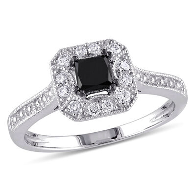 Princess-Cut Black & White Diamond Halo 3/5ctw. Engagement Ring in 10k White Gold