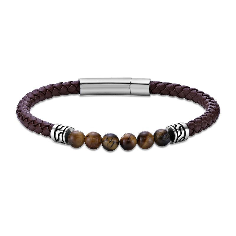 Tiger's Eye & Leather Bracelet in Stainless Steel image number null