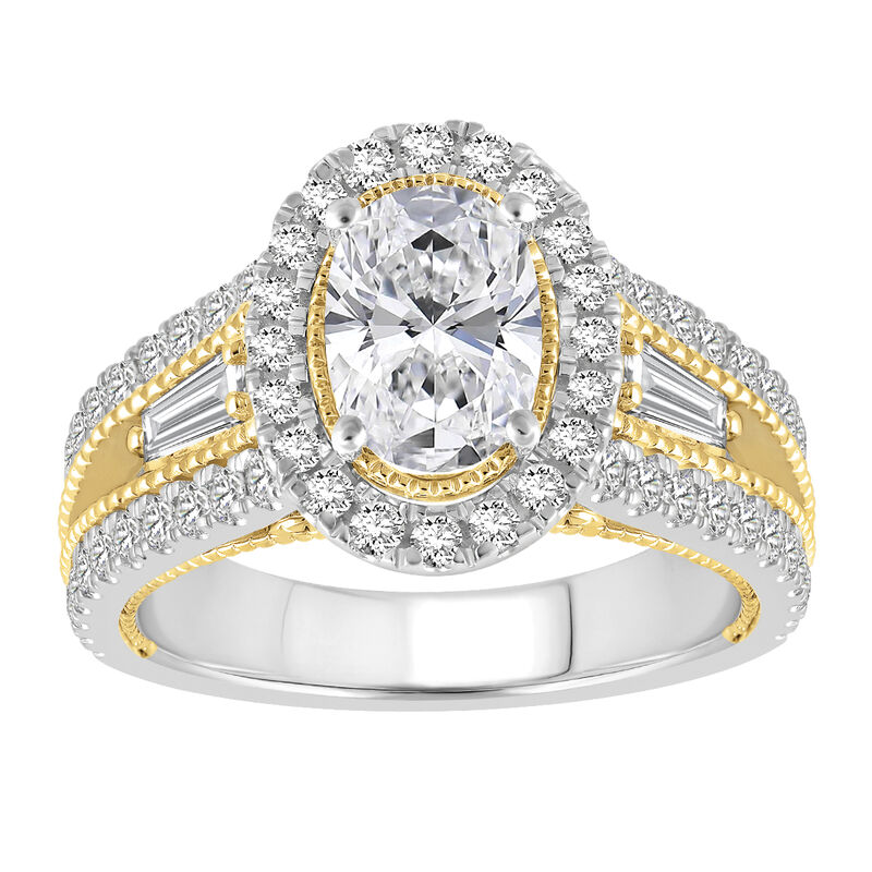 Oval-Cut Lab Grown 1.87ctw. Diamond Multi-Row Halo With Baguette Accents Engagement Ring in 14k Two-Tone Gold image number null