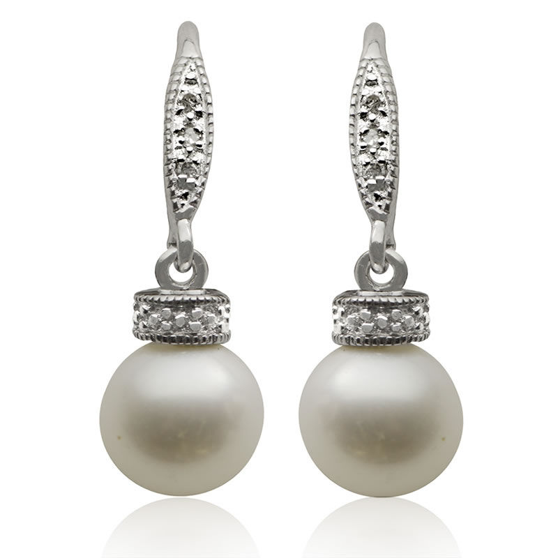 Freshwater Pearl & Diamond Drop Earrings in Sterling Silver image number null