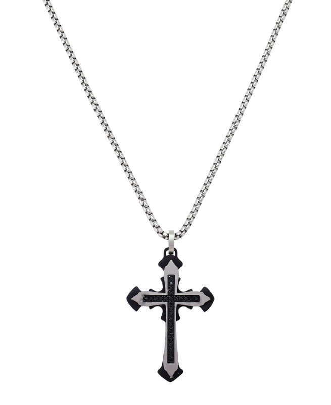 Men's Black Cross & Black Cubic Zirconia 24" Pendant in Stainless Steel image number null