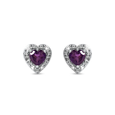 Amethyst & Created White Sapphire Halo Heart Stud Earrings in Sterling Silver