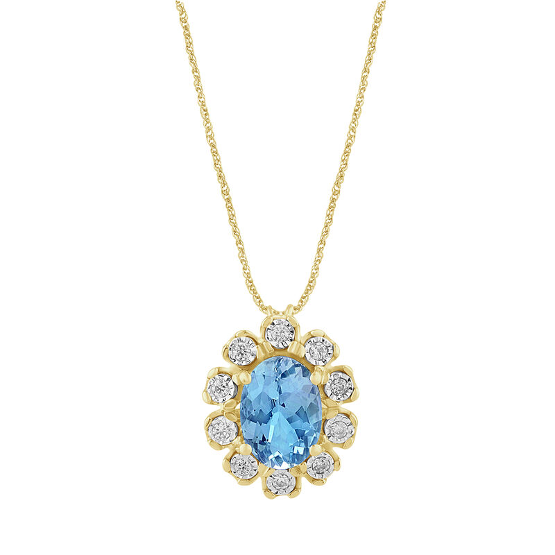 Oval-Cut Aquamarine & Diamond Halo Pendant in 10k Yellow Gold image number null