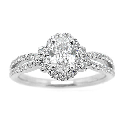 Katarina. Oval 7/8ctw. Diamond Halo Split Shank Engagement Ring in 14k White Gold