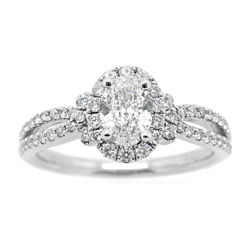 Katarina. Oval 7/8ctw. Diamond Halo Split Shank Engagement Ring in 14k White Gold image number null