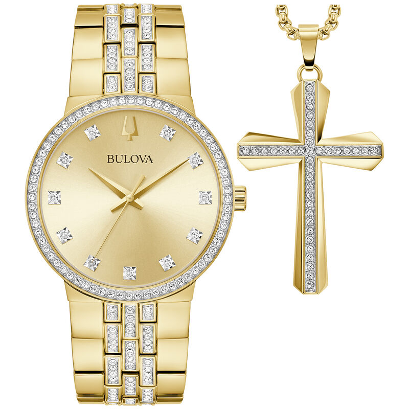 Bulova Men's Gold Ion Plated Stainless Steel Crystal Watch Set 98K113 image number null