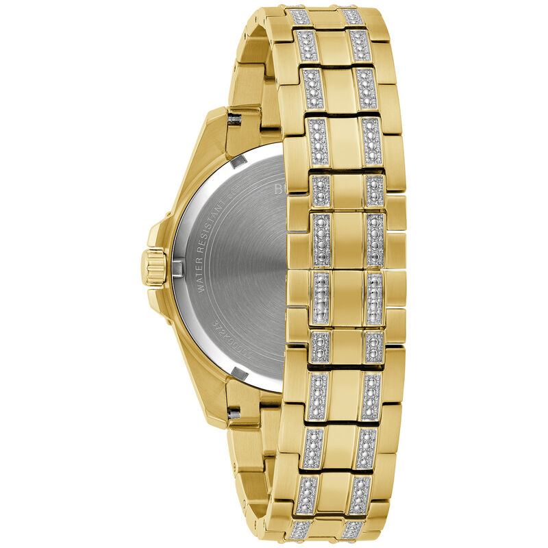 Bulova Men's Gold Plated Black Dial with Crystal Markers Bezel Bracelet 43mm & Bracelet Crystal Watch Box Set 98K115 image number null