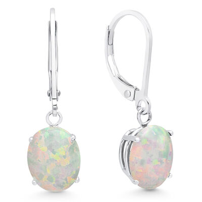 Created Opal Oval Dangle Leverback Earrings in 14k White Gold
