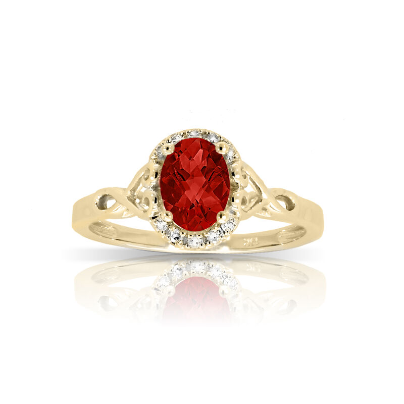 Oval Garnet & Diamond Halo Twist Ring in 10k Yellow Gold image number null