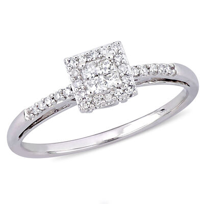 Princess & Round Cut Diamond Halo Promise Ring 1/5ctw. in 10k White Gold 
