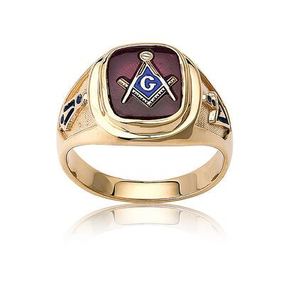 IBGoodman Men's Ruby Masonic Ring in 10k Yellow Gold