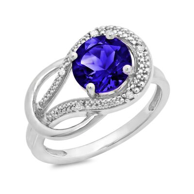 Created Blue Sapphire & Diamond Love Knot Ring in 10k White Gold