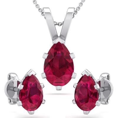 Pear Ruby Necklace & Earring Jewelry Set in Sterling Silver