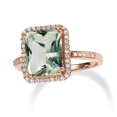 JK Crown® Green Amethyst & Diamond Halo Ring in 14k Rose Gold