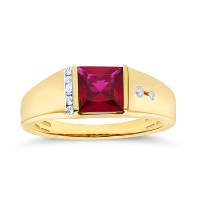 Men's Princess-Cut Created Ruby & Diamond Ring in 10k Yellow Gold