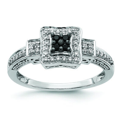 Princess-Cut Black & White 1/4ctw. Diamond Three Stone Halo Cluster Ring in 14k White Gold