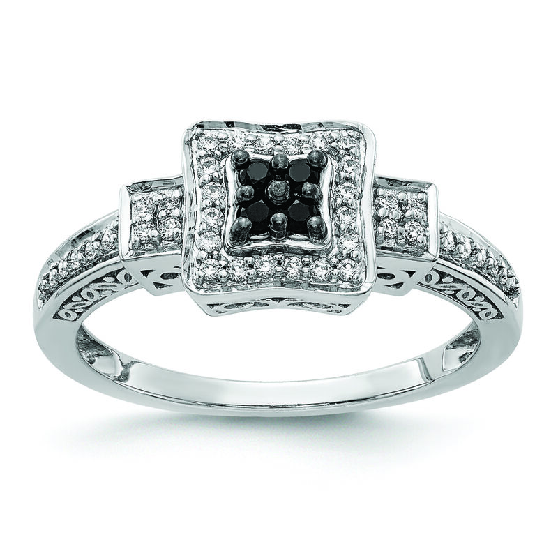 Princess-Cut Black & White 1/4ctw. Diamond Three Stone Halo Cluster Ring in 14k White Gold image number null