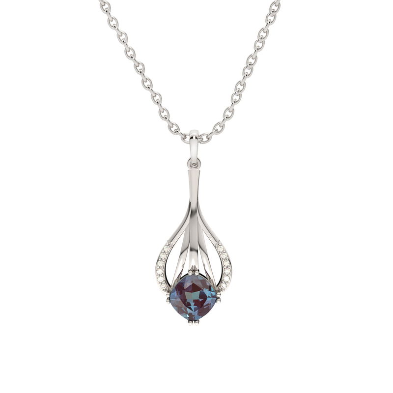 Cushion-Cut Created Alexandrite & Diamond Drop Pendant in Sterling Silver image number null