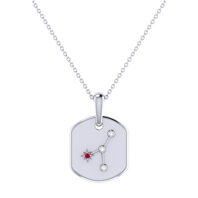 Diamond and Ruby Cancer Constellation Zodiac Tag Necklace in Sterling Silver