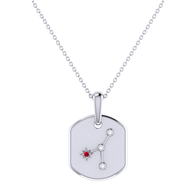 Diamond and Ruby Cancer Constellation Zodiac Tag Necklace in Sterling Silver image number null