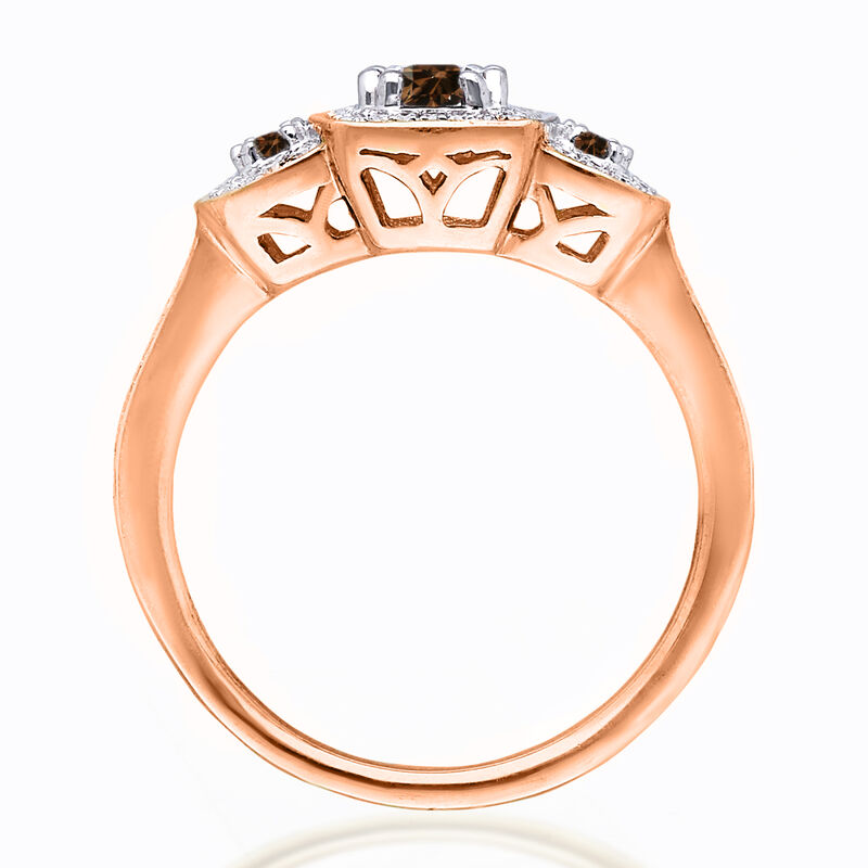 Champagne & White 5/8ctw. Diamond 3-Stone Halo Engagement Ring in 14k Rose Gold image number null