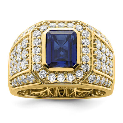 Men's Created Sapphire & Lab Grown Diamond Ring in 10k Yellow Gold
