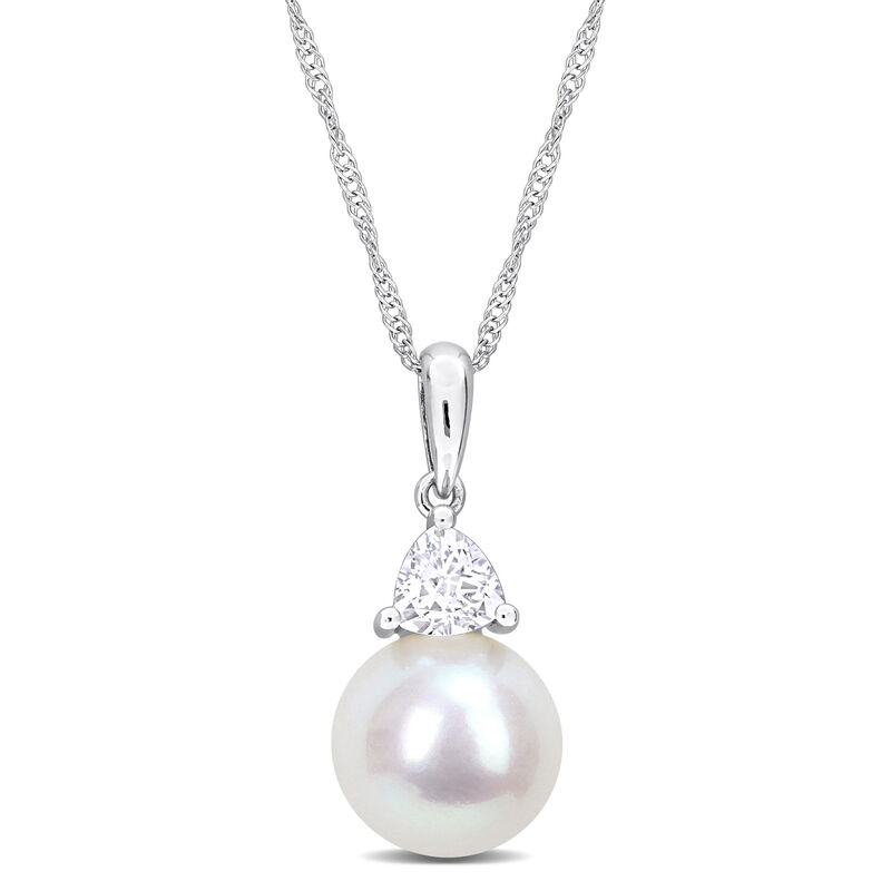 Created White Sapphire & Freshwater Cultured Pearl Necklace in 10k White Gold image number null