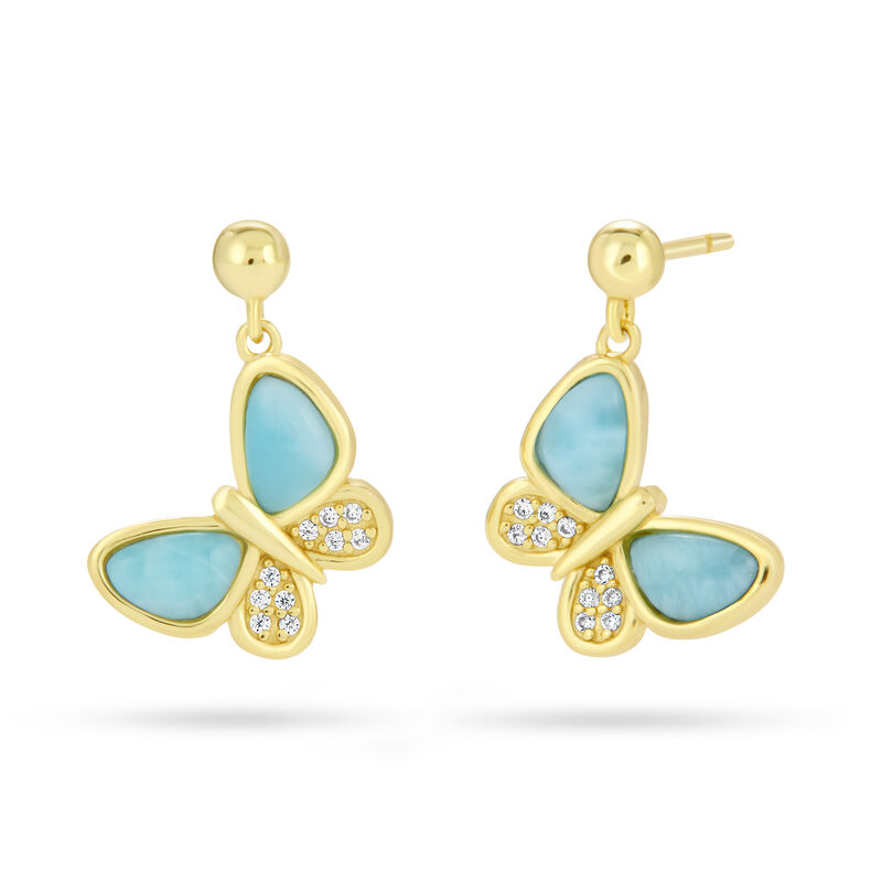 Larimar and Cubic Zirconia Butterfly Earrings in Gold Plated Sterling Silver image number null