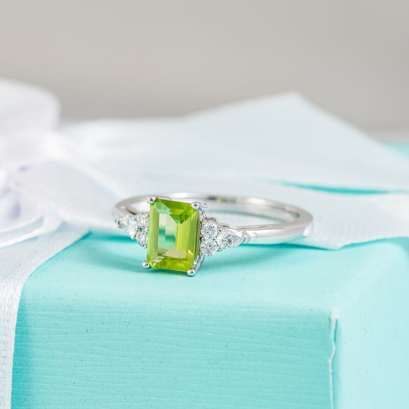 Peridot and Lab Diamond 1/5ctw. Cocktail Ring in White Gold image number null