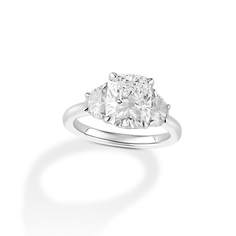 Cushion-Cut Lab Grown 3 7/8ctw. Diamond Three-Stone with Half Moon Side Accents Engagement Ring in 14k White Gold image number null